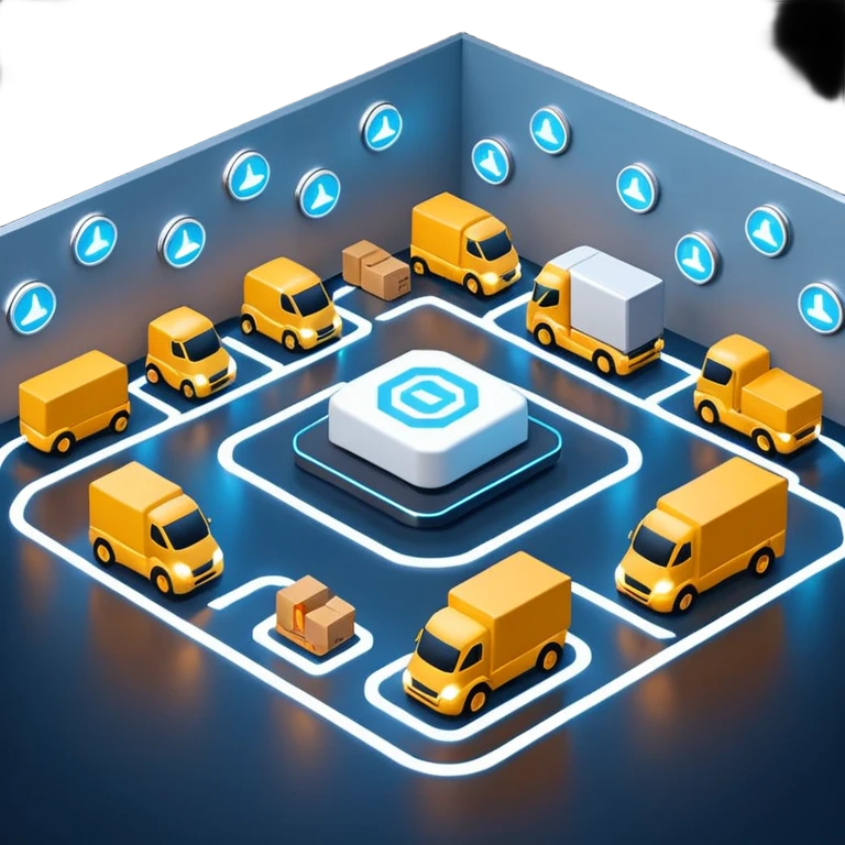 create a realistic emoji of a futuristic warehouse automation. A autonomous trucks, smart drones, and glowing data networks can be part of it as well — cinematic lighting, innovation atmosphere. emoji