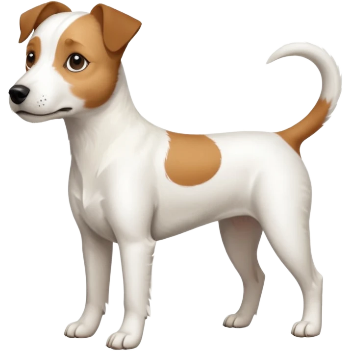 a full body slightly chubby white parson russell terrier looking dog the size of a kelpie with light brown long ears and a light brown patch on one eye and a large snout. the rest of the dog is completely white emoji