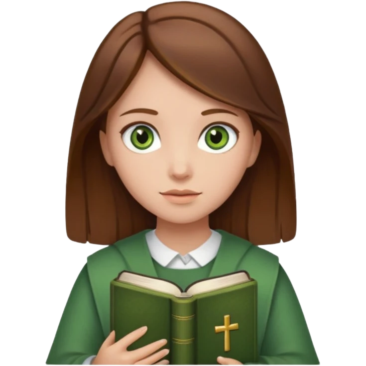 Girl with brown hair and green eyes holding Bible  emoji