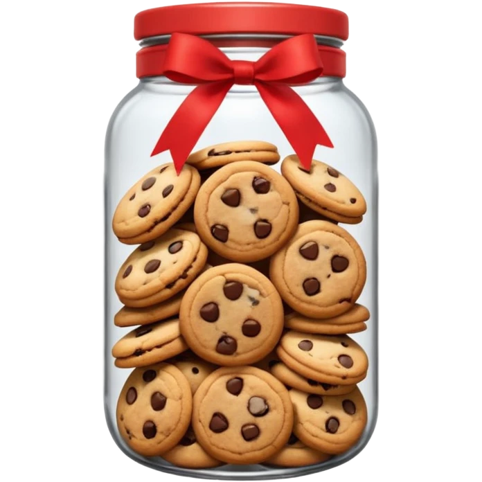 A chewy chocolate chip cozy cookie in an organized jar, saying "Cookie Jar" with some small illustrations on the jar to indicate there are cookies stored inside, a big red ribbonon the lid emoji