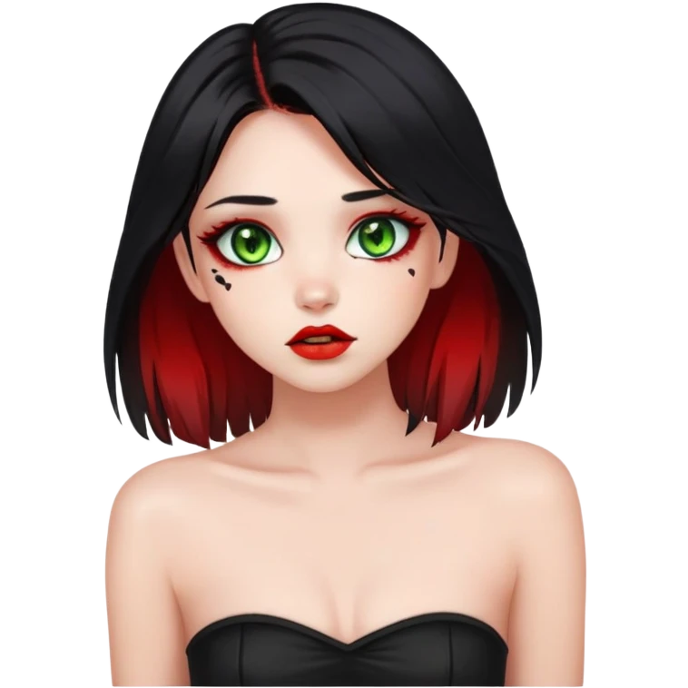 Girl. Green hazel eyes. Black hair with red e-girl highlights and red perk-a-boo underlights. Medium long hair. black strapless crop top. birthmark under the lips on the left. Skinny face. emoji
