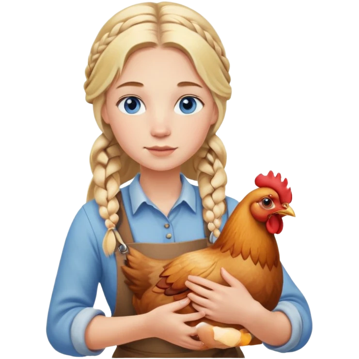 Homesteader girl long blonde braids and blue eyes holding a chicken  emoji