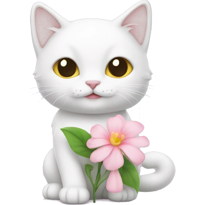 cute white cat holding light pink flower emoji
