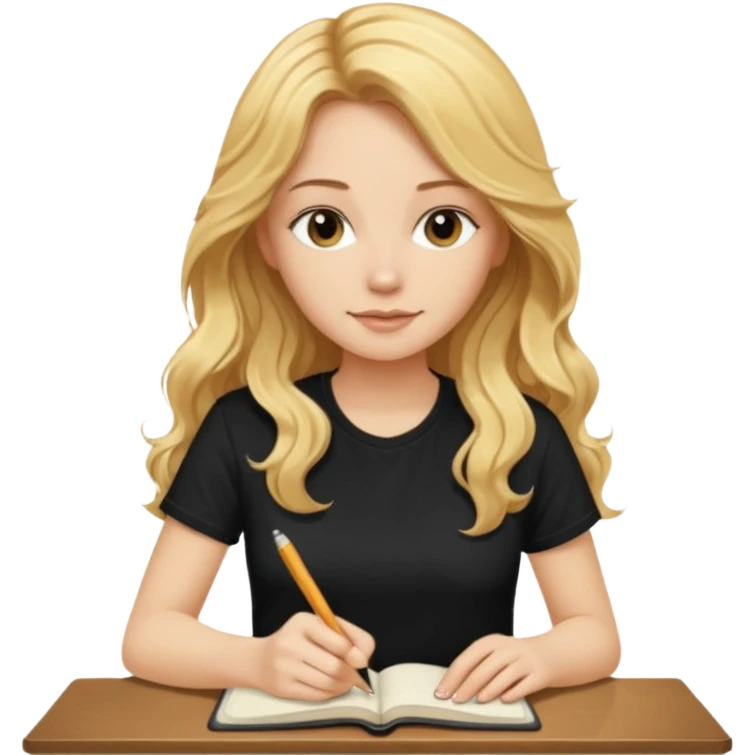 A beautiful blonde with long wavy hair in a black T-shirt sits and writes in a diary with a brown pen without table  emoji
