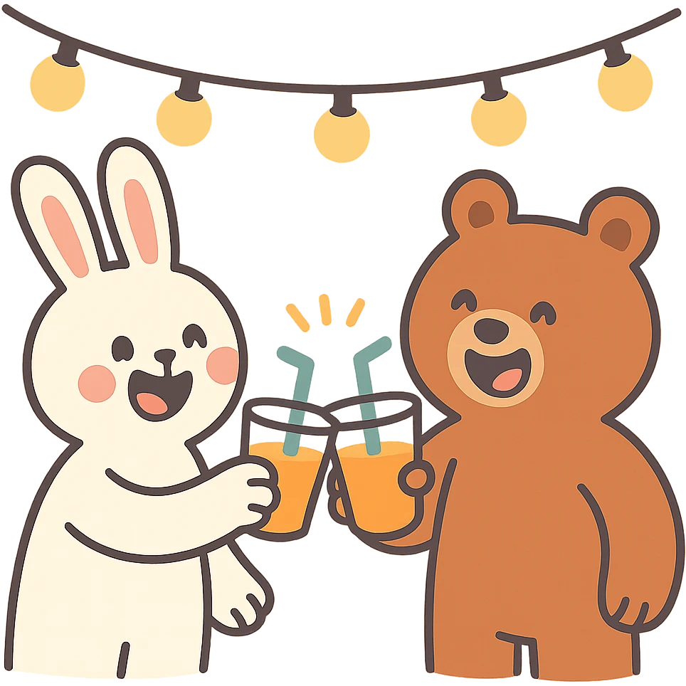 bunny and bear clinking juice cups under string lights emoji