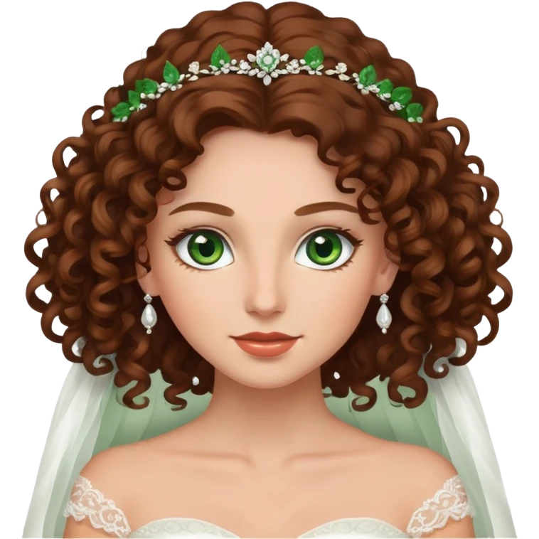Beautiful bride with brown and Curly long hair green eyes  emoji