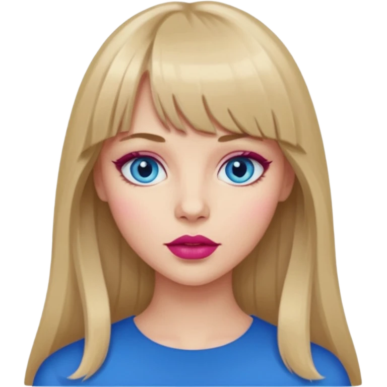 Woman with long dark blond hair and bang, blue eyes, raspberry lip  emoji emoji