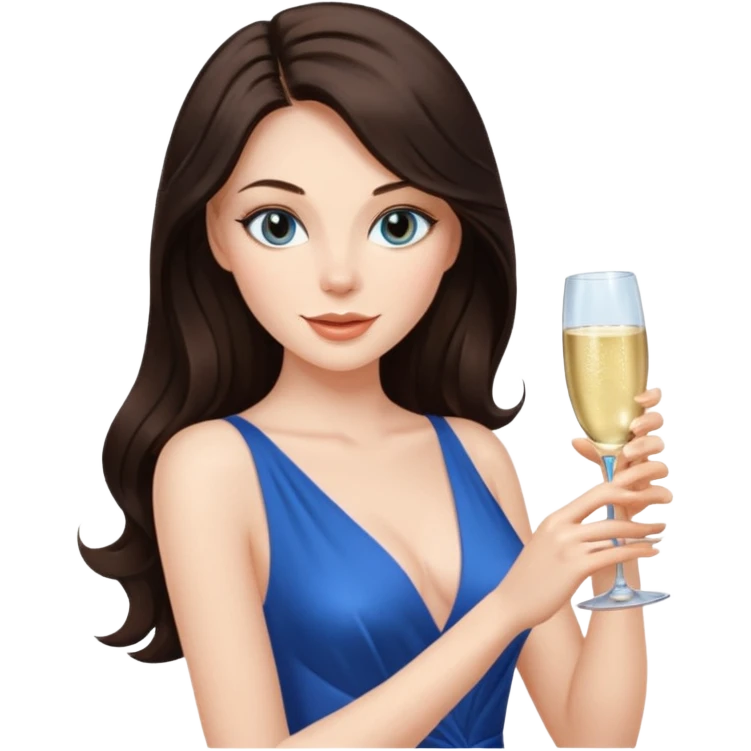 Sexy brunette woman long dark brown hair, hazel eyes, pale skin toasting with champagne in sexy blue dress emoji