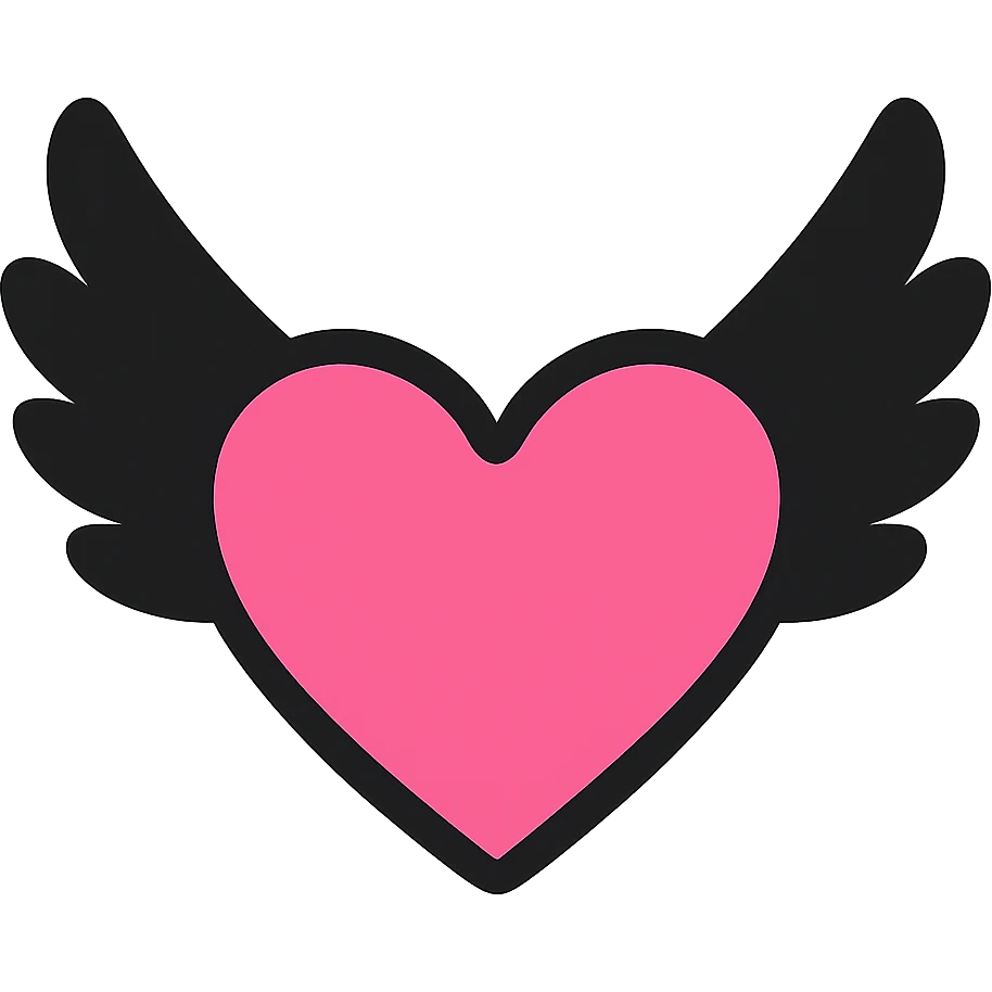 gothic heart with black feathers, color icon filled style, pink and black emoji