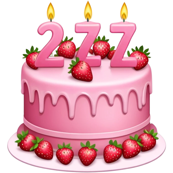 Pink cake with strawberries, the #27 on it and candles emoji