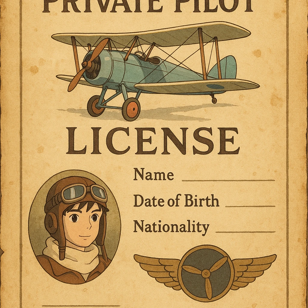 vintage-inspired private pilot license with a parchment background and classic aviation motifs emoji