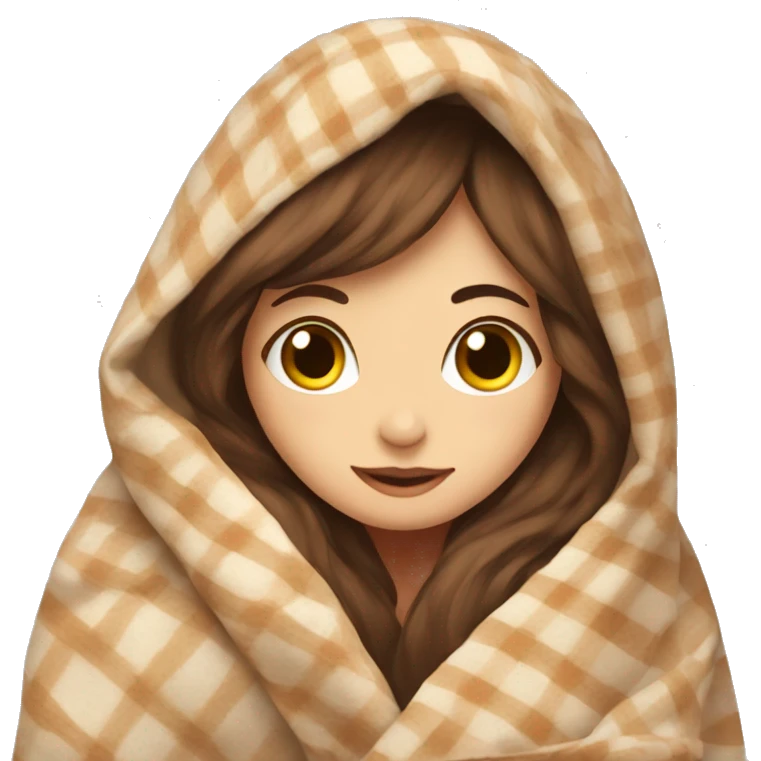 Girl with brown hair cozy in her blanket with tea emoji