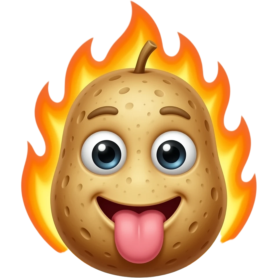 A potato on fire with a realistic face and tounge sticking out and realistic eyes emoji