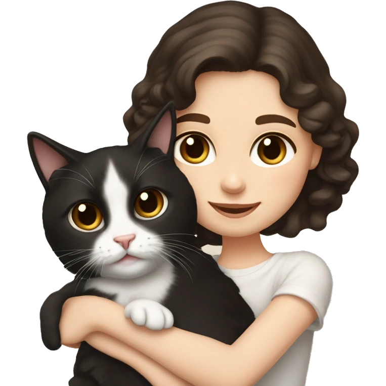 Girl with wavy curly dark brown hair and light brown eyes holds her pet tuxedo cat emoji