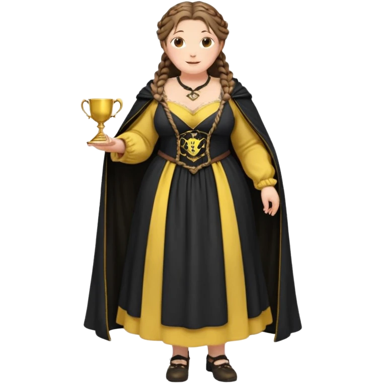 Helga Hufflepuff,brown-haired,2 braids,yellow-black medieval open dress,deep neckline,fat macromastia,black cloak decorated with gold braiding,gold cup with two handles,very kind smile,curvy busty,round rosy cheeks,full length with medieval shoes, inscription in pink heart says:"I love HELGA" emoji