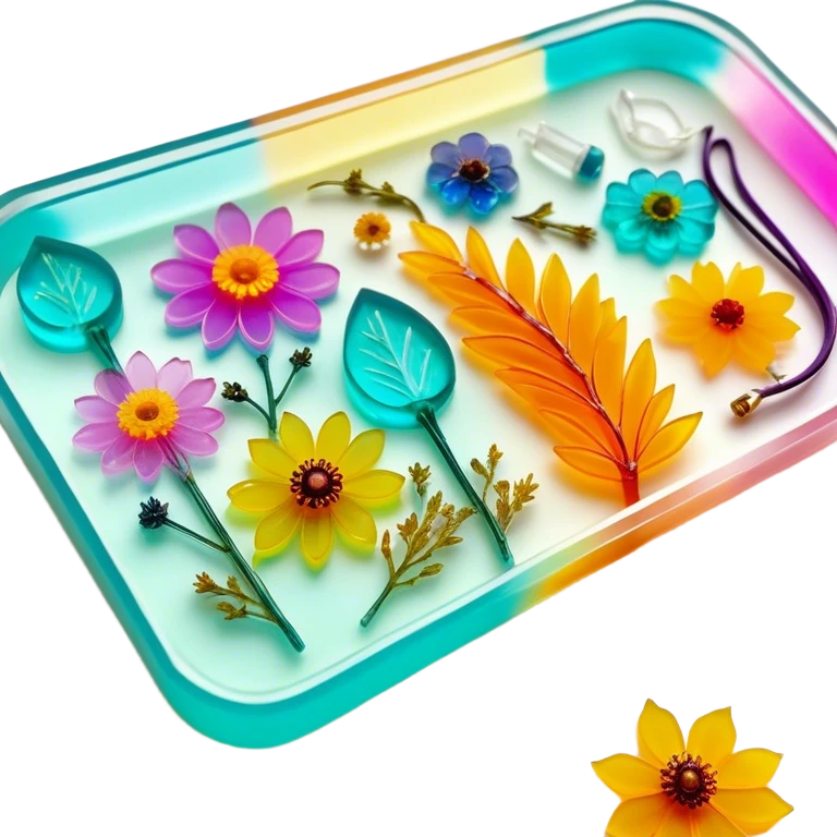 Epoxy resin art icon, jewelry and decorative items made with fluorescent epoxy resin, glowing effect on the resin, finished resin jewelry with dried flowers embedded inside, visible tubes of resin with bright colors, mixing tools, and molds, minimalistic style, clean lines, transparent background emoji
