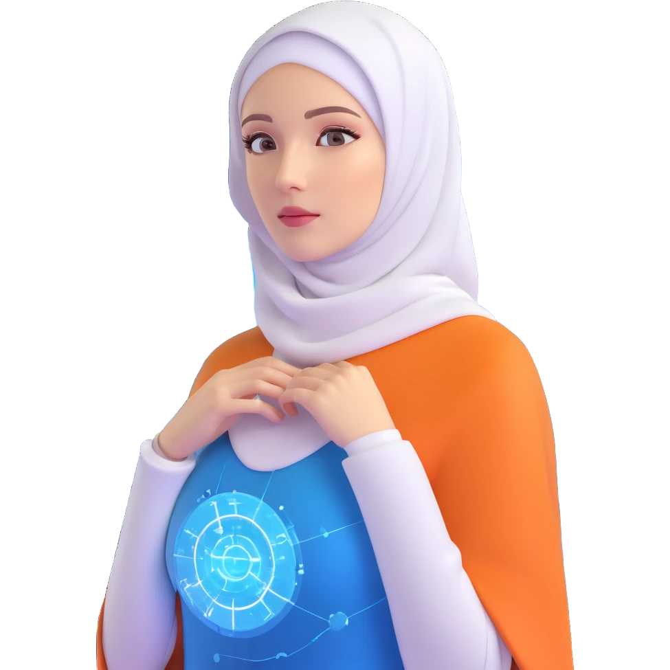 woman with white hijab wearing blue outfit, looking forward, surrounded by floating futuristic screens showing advanced holographic interfaces, AI visualizations, quantum data patterns, circuit networks, high-tech metaverse elements emoji