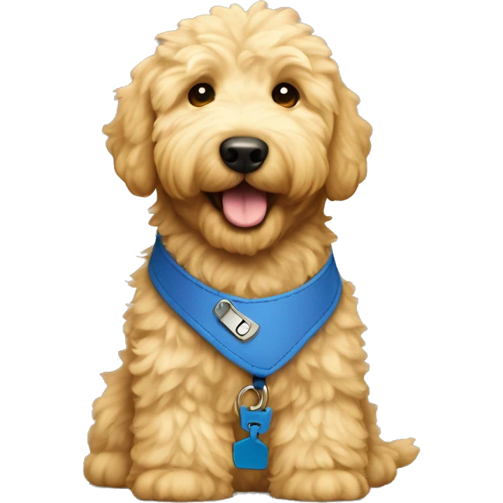 Light fur Golden doodle with blue collar and yellow tag emoji