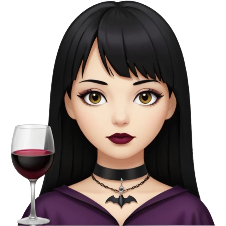 mulher cabelos pretos longos e lisos com uma franja curta acima dos olhos, olhos pretos com delineado, expressão séria, com um sorriso sensual e lábios cor de vinho, ela usa uma gargantilha preta com um pequeno pingente de morcego preto emoji