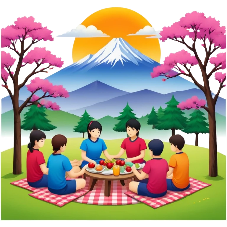"East Asian teams in color-coded tees picnic under cherry trees. Distant mountains with pine silhouettes, Sunlord cloud logo. Circular minimalist composition." emoji