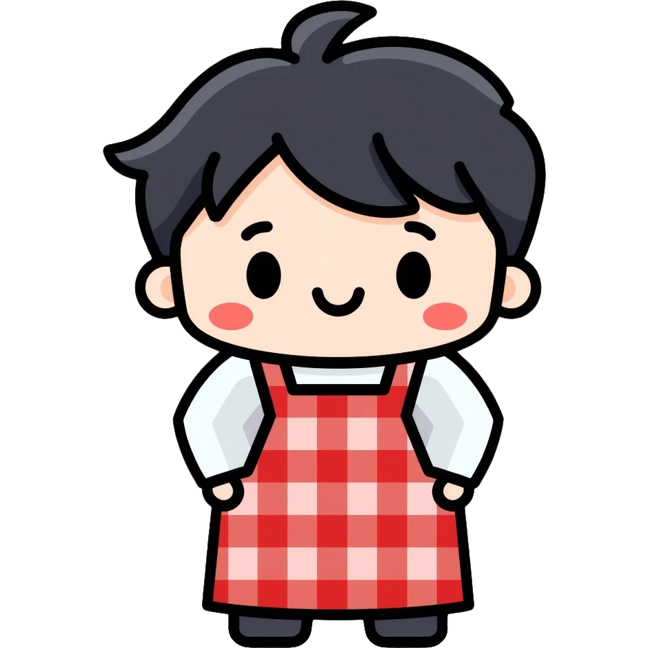 chubby boy with black hair styled upward in front, wearing a red and white checkered plaid apron emoji