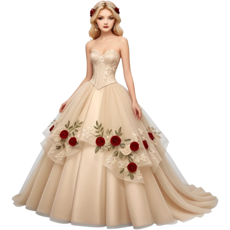 A luxurious strapless A-line wedding gown featuring a sheer lace corset bodice with structured boning, intricate floral embroidery, and a flowing layered tulle skirt adorned with delicate 3D floral appliqués for a soft, romantic, fairytale look. emoji