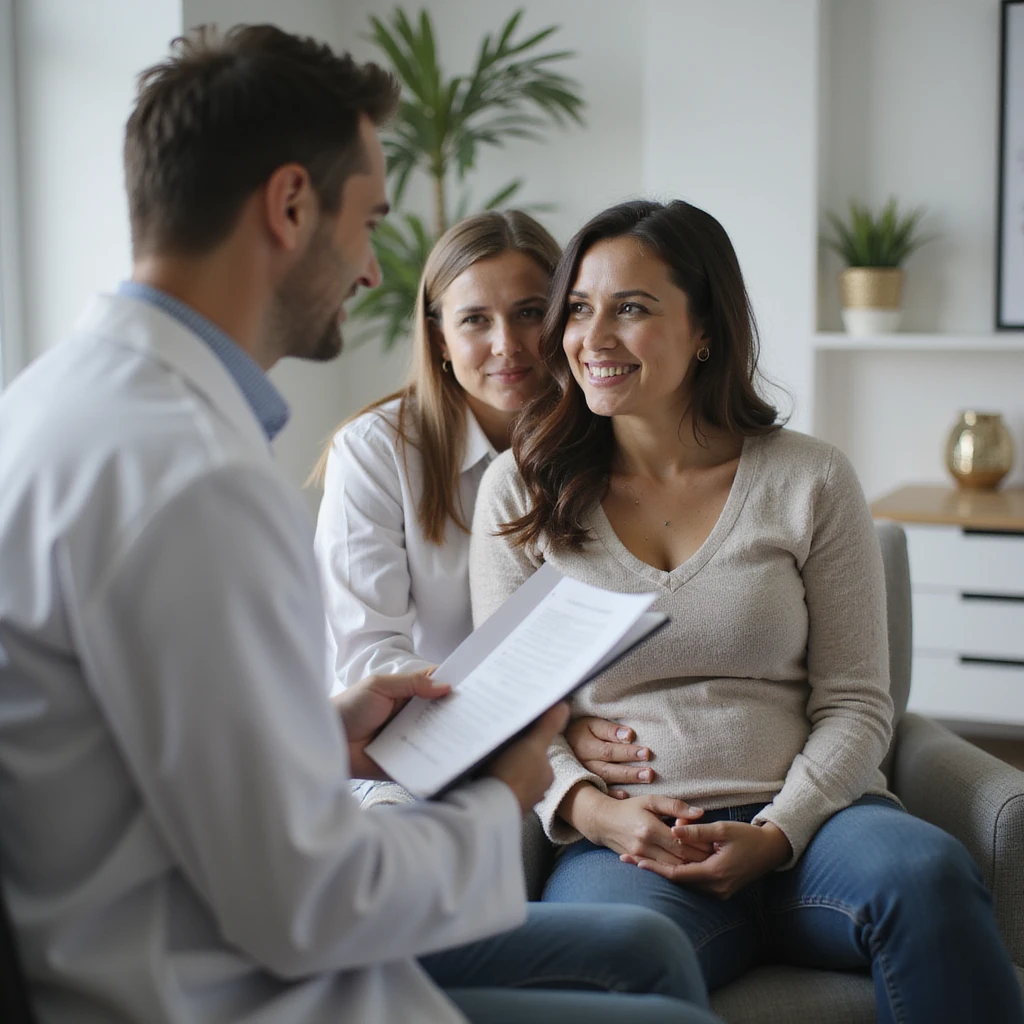 couple sitting together in medical office, doctor explaining fertility issues related to PCOS, supportive atmosphere, realistic details, clinic background, 4K quality emoji