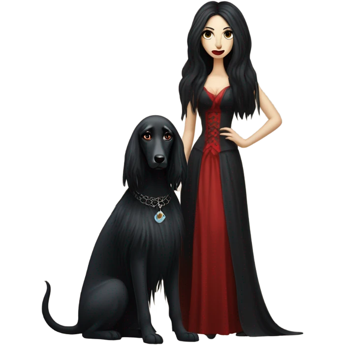 Women vampire black hair full body with Afghan Hound, Schiaparelli emoji