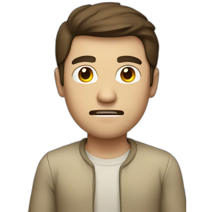 Man with brown hair with beige clothes with angry face emoji