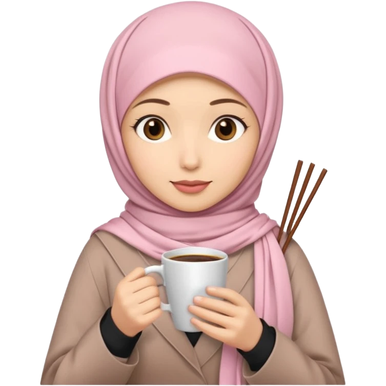 A hijabi girl with light pink hijab and tanned skin holding coffee in one hand and chopsticks in other. Only upper portion of the body shown in IOS format emoji