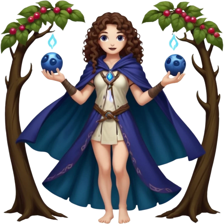 full body woman long curly brown hair brown eyes white skin tattoos muscular build blueberry forest mage cloak, glowing berry orbs floating emoji