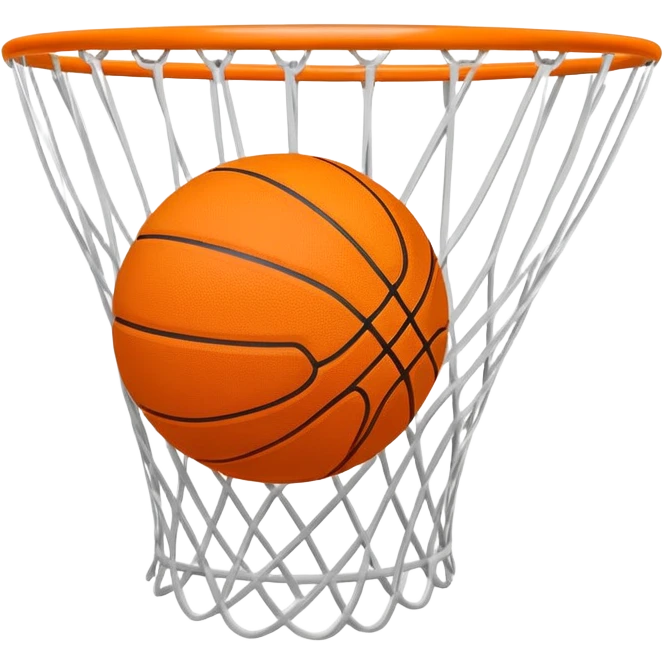 Basketball falling through white net, motion lines, minimal design, iOS emoji style emoji