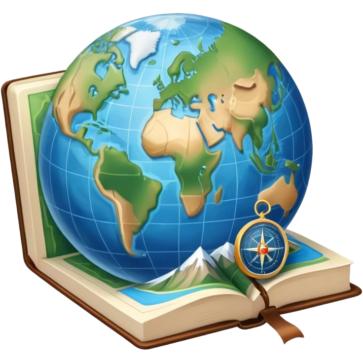 an icon featuring an earth with attitude and longitude lines, a textbook, and a topographic map, symbolizing geography as a science. The design includes a compass, mountain ranges, and rivers, representing the study of Earth's features and landscapes. Transparent background highlights geography. emoji