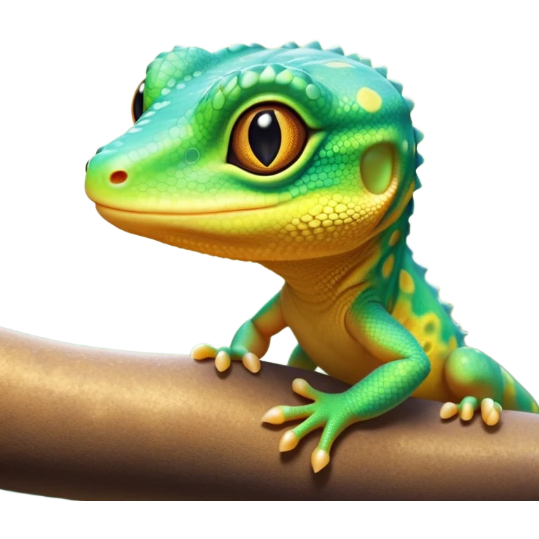cinematic-cute-realistic gecko-portrait-emoji,-head-tilted-playfully-and-inquisitively,-featuring-a-small,-charming-body-with-smooth,-vividly-patterned-scales,-bright,-sparkling-eyes-and-delicate,-sticky-toe-pads,-simplified-yet-irresistibly-adorable emoji