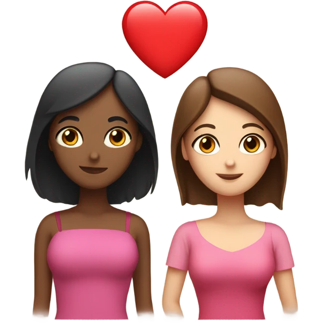 two ladies in love with a heart. the one on the left is a white lady with blue eyes and a brown bob with a pink shirt. the second is a venezuelan lady with brown eyes and dark brown hair with a red dress emoji