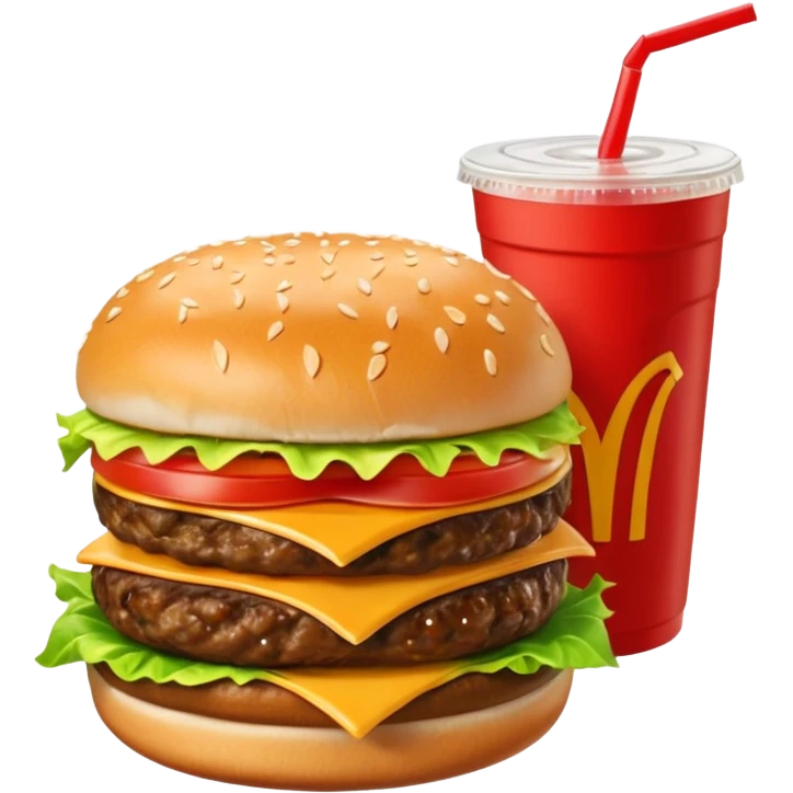i want a Cheeseburger and Fries with a angle to 15–20° gentle bird’s-eye angle with a cold drink with ice cube with straw with some fries thicker like McDonald's french fries emoji