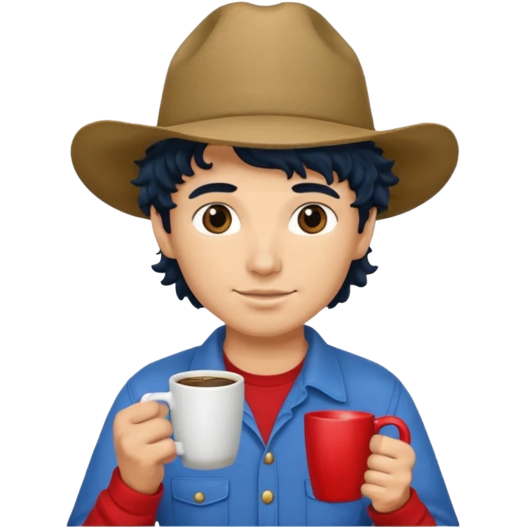 Ranch hand with blue hat and coffee mug, curly black hair, red shirt emoji