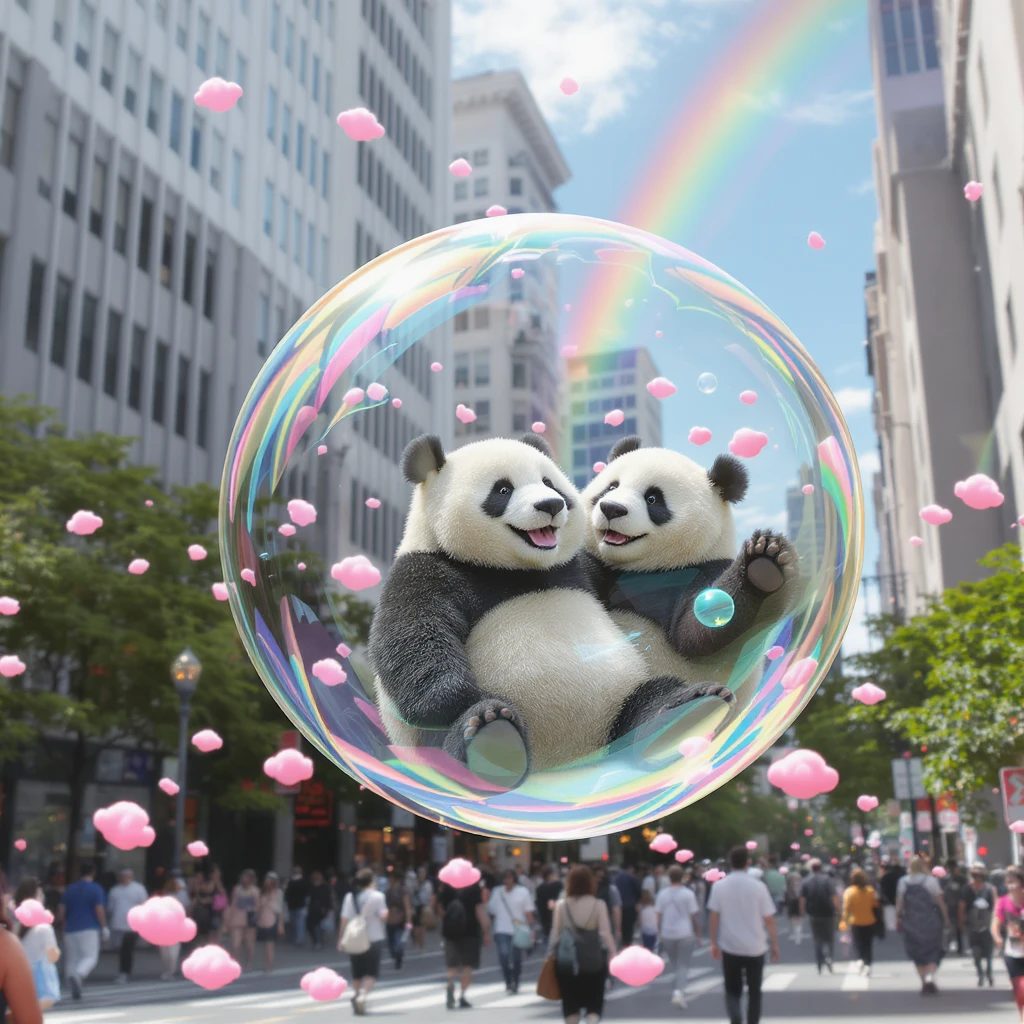 Cinematic still pandas bears sitting inside bubbles flying around San Francisco downtown, sunny summer day, happy vibe, colorfull surround, rainbow, small cute pink clouds around emoji