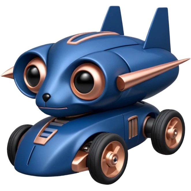 Real-proportional dark blue and rosegold-accented  racing car for furry-faced  evil alien scary robot teddy bear with rear spoiler (Star Wars style) emoji
