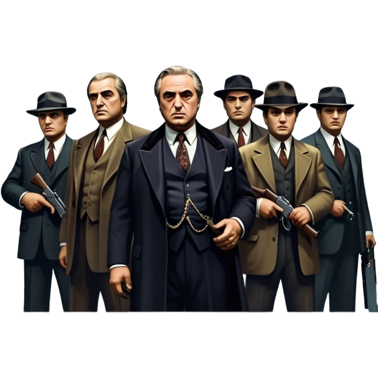 A vintage movie poster-style design featuring Don Vito Corleone surrounded by gangsters with Tommy guns. Include a dark, moody noir atmosphere with skyscrapers of New York in the background. The scene should be tense and mysterious, with a retro cinematic feel. Transparent background. emoji