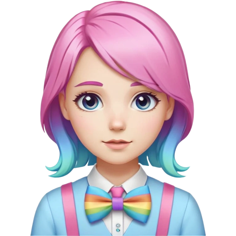 white girl with pastel rainbow hair and pastel rainbow accessories with a pink uniform and a blue bow tie  emoji