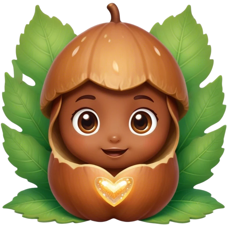 Cinematic tiny happy acorn, glossy brown, soft glowing highlights, tiny adorable face with big sparkly eyes, sitting on a pastel leaf, warm and cheerful. emoji