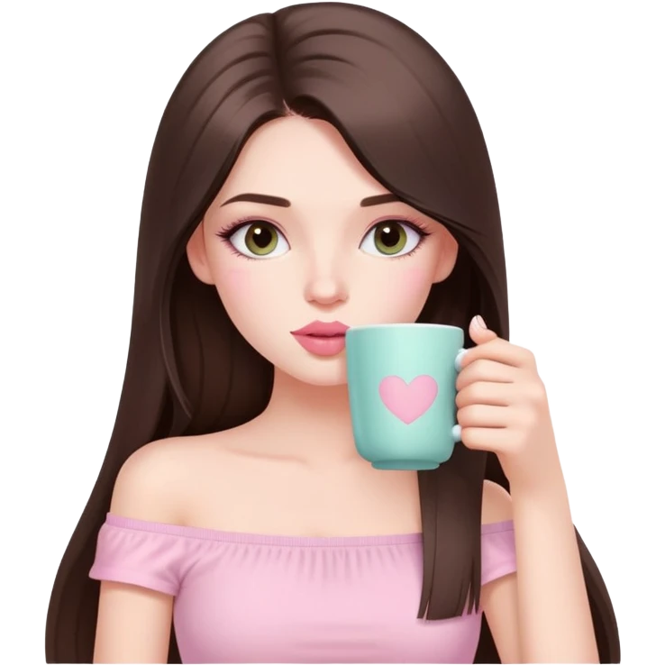 sexy pale girl, very full lips, long straight brunette hair, long lashes, pastel pink tube top, sipping tea  emoji