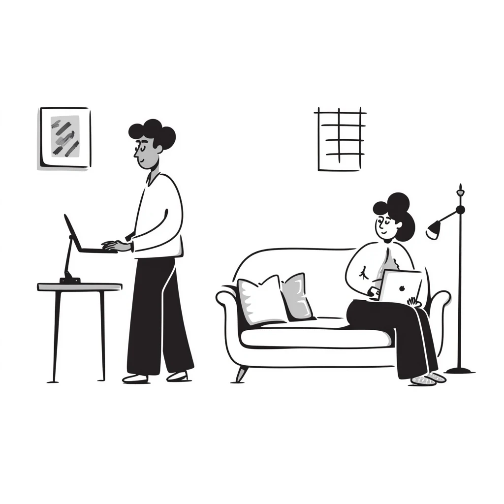 escenary 3d of a cozy mid-century living room with two people working on laptops, one man standing at a desk and one woman sitting on a couch, two walls and floor visible emoji