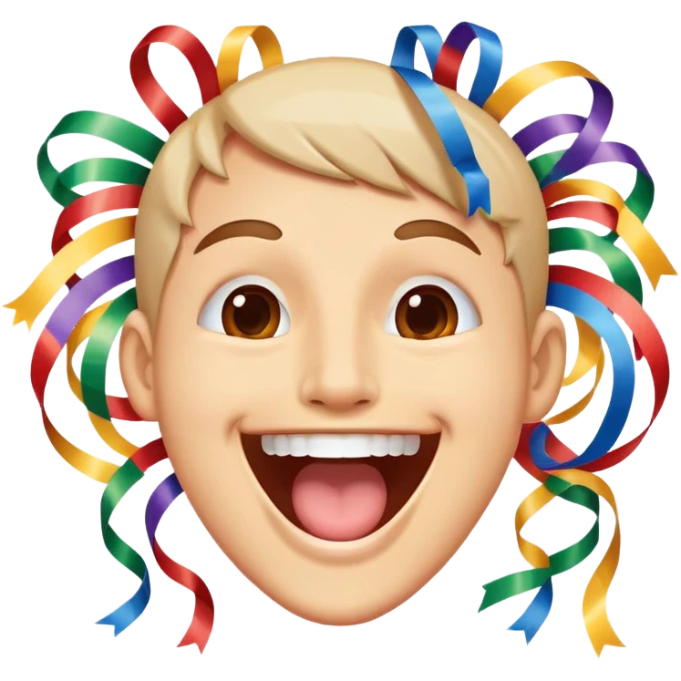face with open mouth, smiling, surrounded by parade streamers emoji