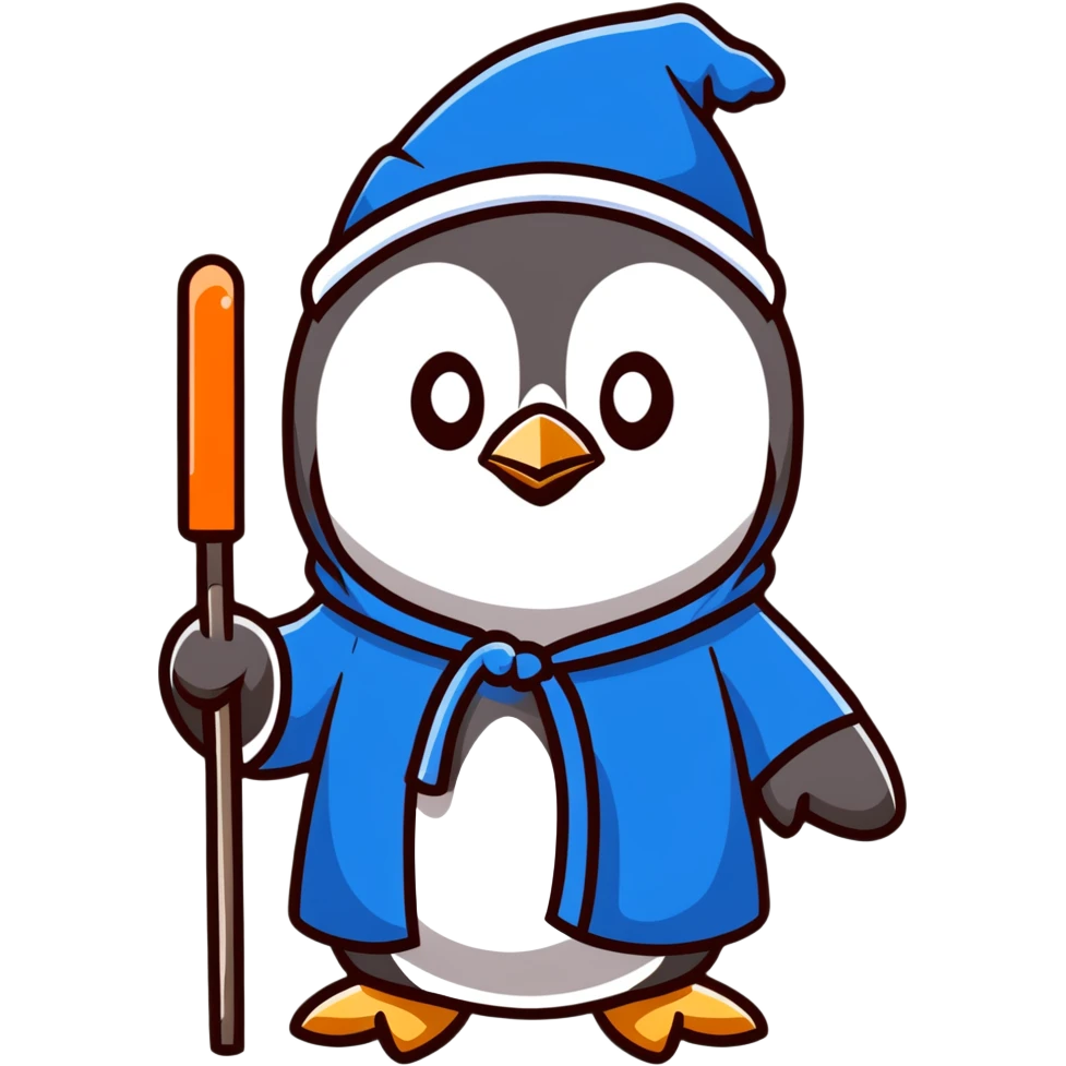 cartoon penguin wizard with a blue robe and sparkly hat, holding a glowing staff emoji