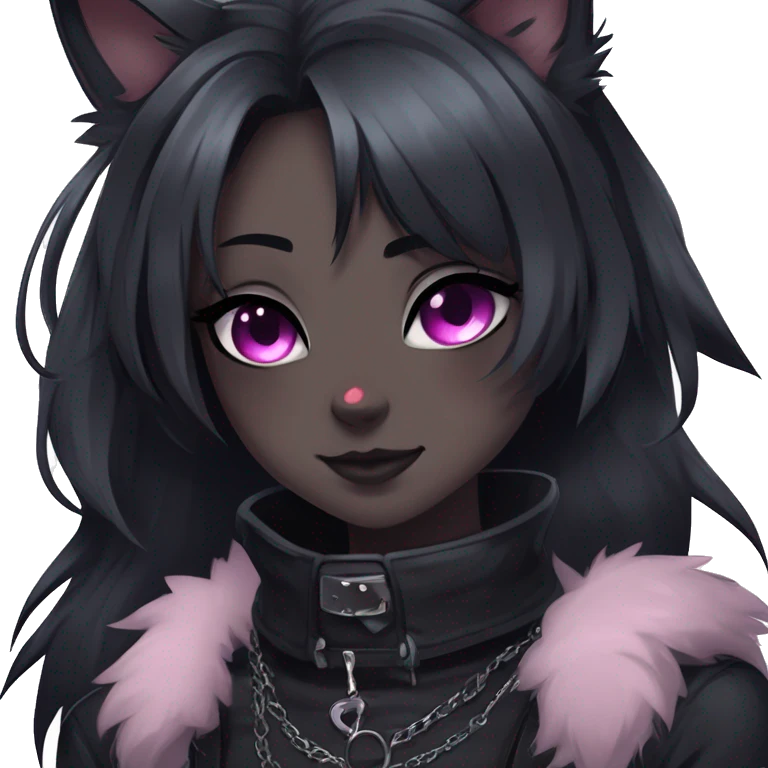 Gorgeous furry gothic dark techwear anime style anthro black cat furry sona with blushing face aesthetic and pretty edgy black with collar and harness trending style emoji