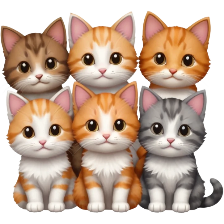 6 tiny kittens cuddling together all different colours, the first one is grey and white, the second is ginger and white and the third is brown tabby and white emoji