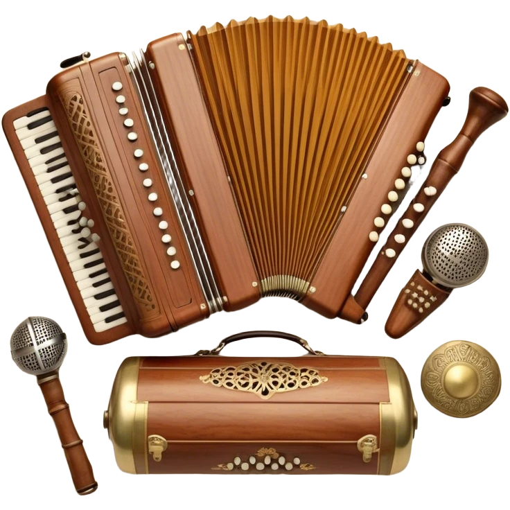 Create a colorful and cultural humanless emoji representing folk singing. The design should feature a collage of traditional folk instruments, such as a wooden flute (dudka), a button accordion (harmon), a set of gusli, and a tambourine (buben), all arranged in a harmonious, flowing design around a vintage microphone. The instruments should have earthy, natural tones like wood browns, brass accents, and vibrant colors reflecting their folk origins. Add subtle musical notes to tie the elements together, symbolizing the power of folk music. The background should be transparent. emoji