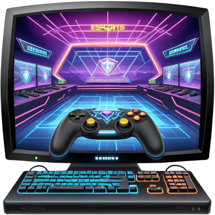 An icon featuring a gaming monitor displaying an intense esports competition, with players' hands on controllers and keyboards. A digital scoreboard and glowing energy lines surround the scene, symbolizing the excitement of competitive gaming. Transparent background highlights the world of esports. emoji